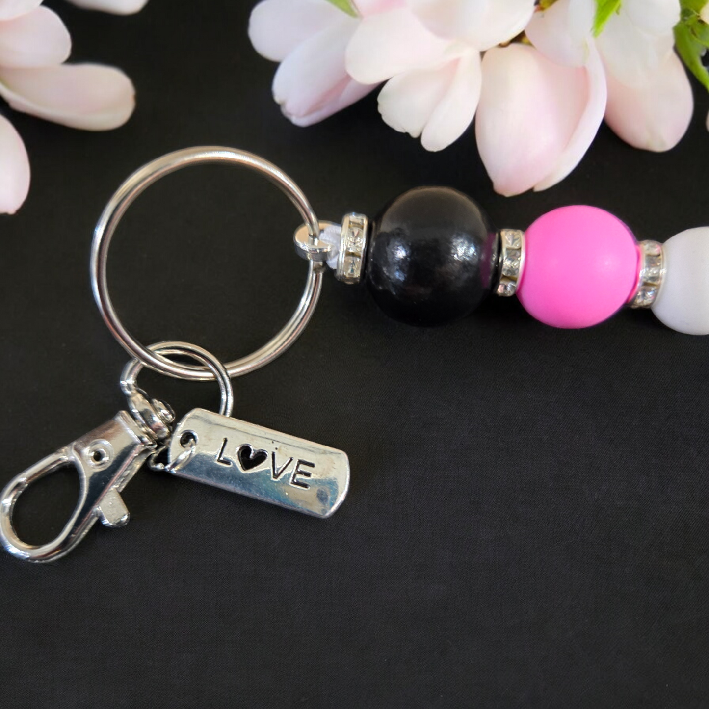 Beaded Keychain - Love Pink, Black and White