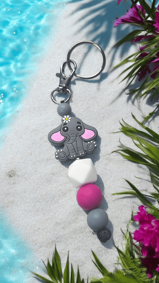 Beaded Keychain - Elephant Grey and Pink - WaxettyBeaded Keychain - Elephant Grey and PinkBeaded