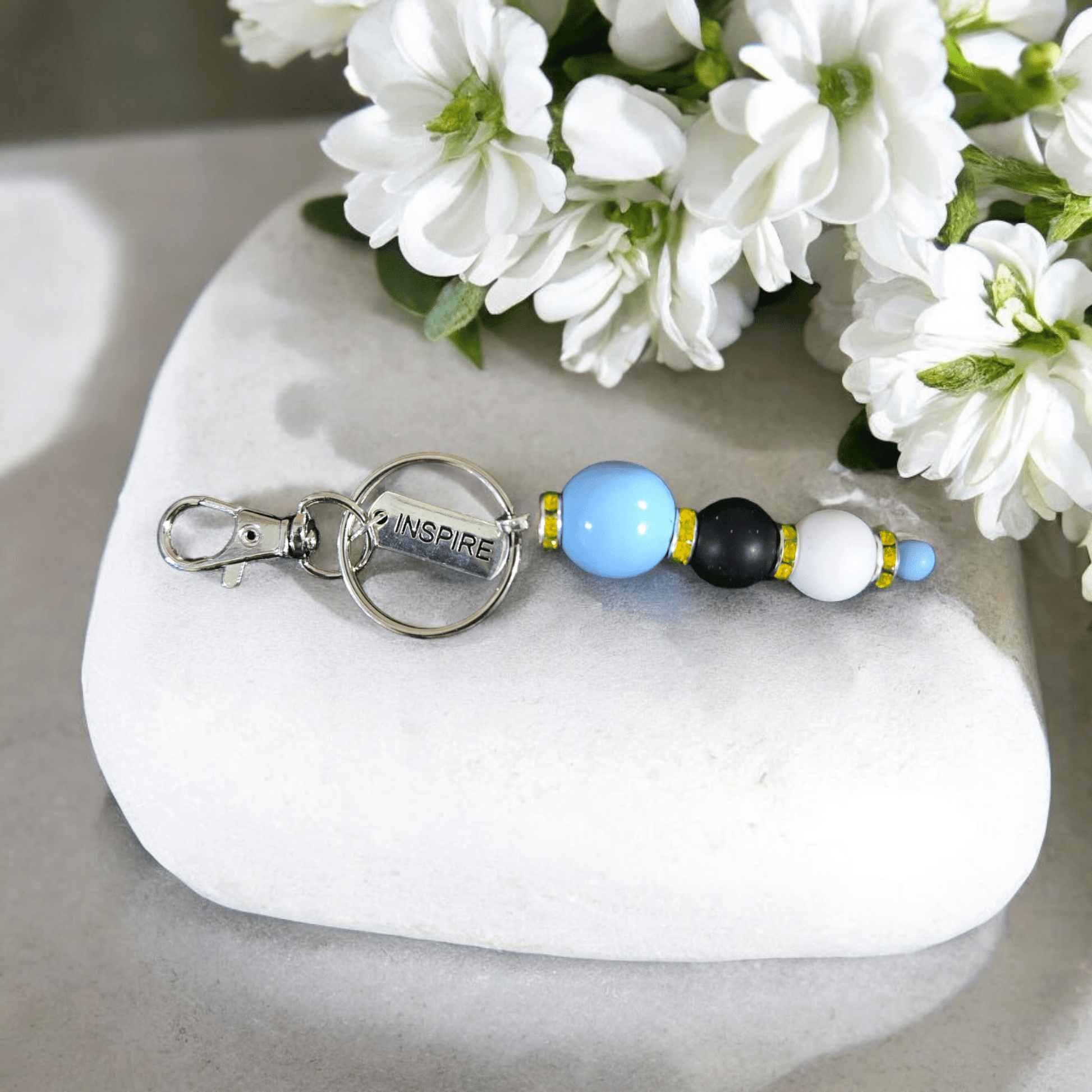 Beaded Keychain - Inspire Blue, Black and White - WaxettyBeaded Keychain - Inspire Blue, Black and WhiteBeaded