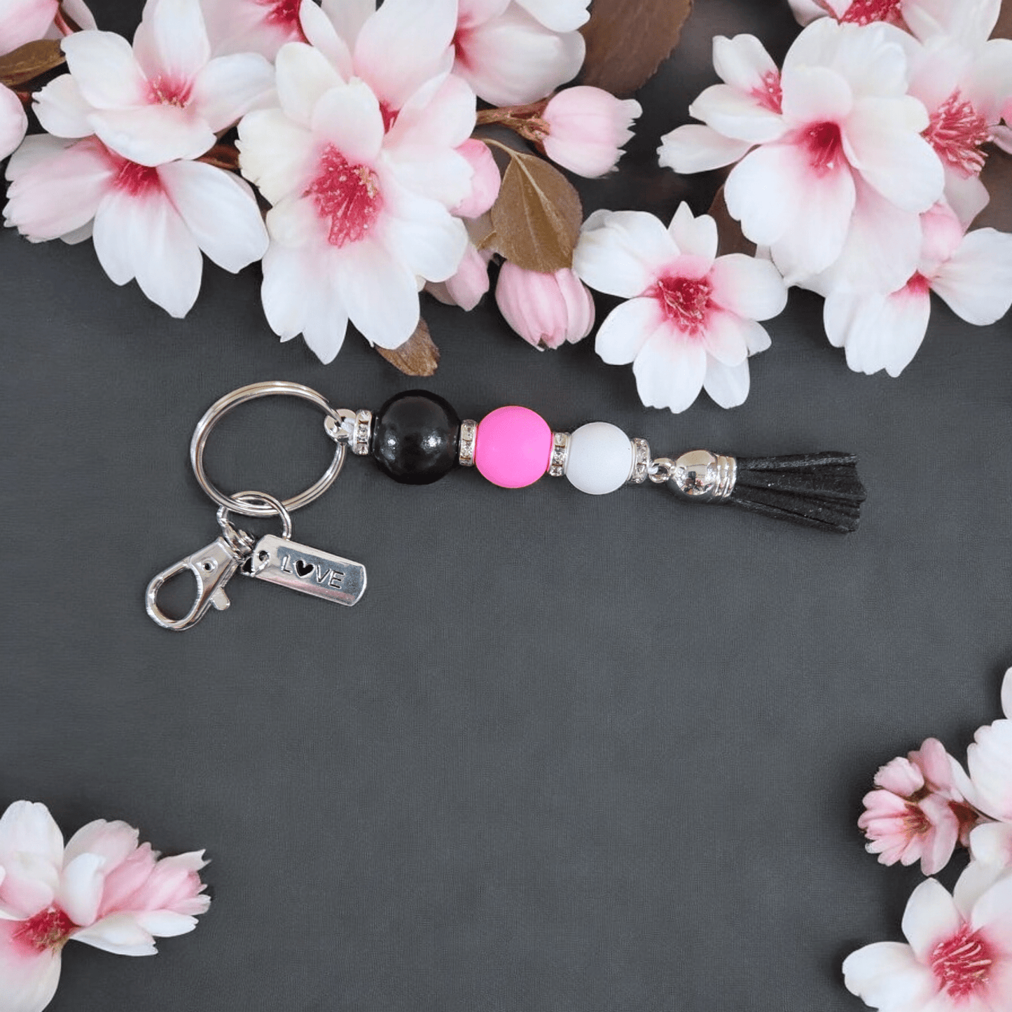 Beaded Keychain - Love Pink, Black and White - WaxettyBeaded Keychain - Love Pink, Black and WhiteBeaded