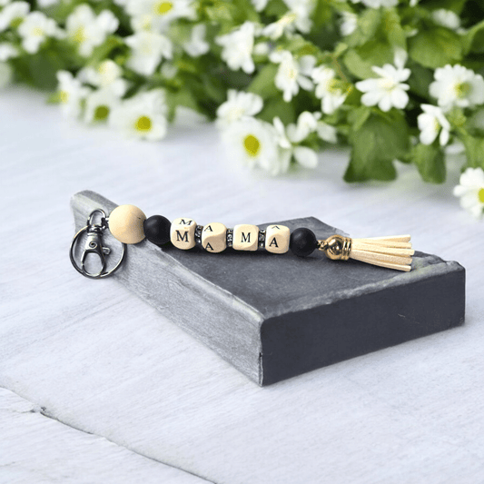 Beaded Keychain - Mama Wood and Black - WaxettyBeaded Keychain - Mama Wood and BlackBeaded