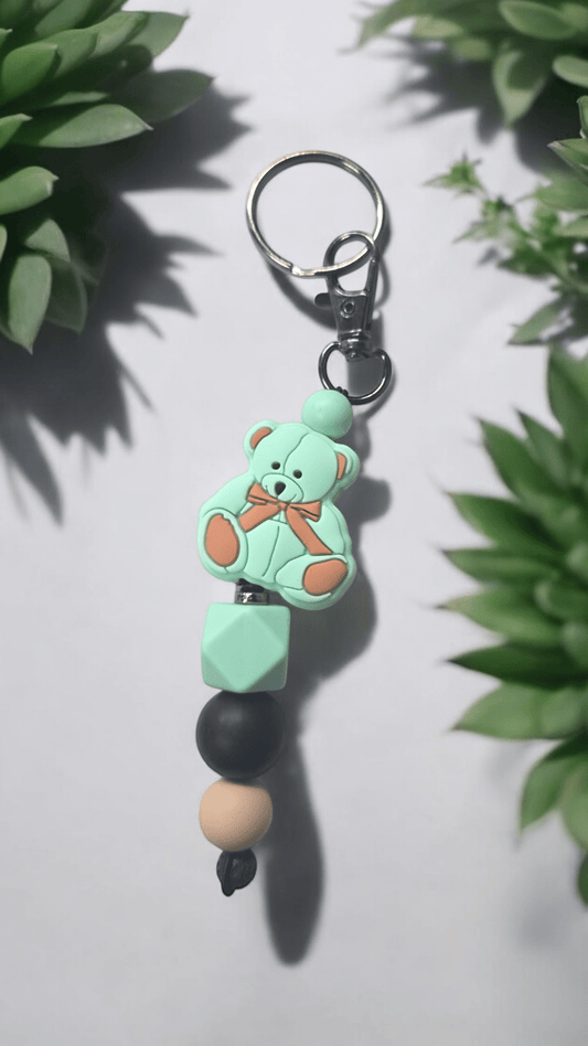 Beaded Keychain - Teddy Bear Green and Brown - WaxettyBeaded Keychain - Teddy Bear Green and BrownBeaded