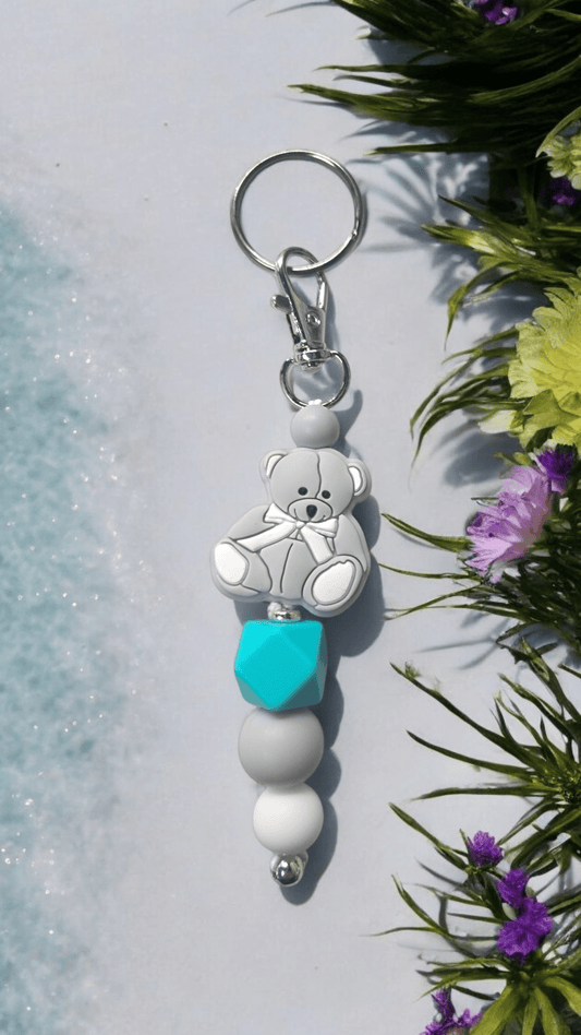 Beaded Keychain - Teddy Bear Teal and Grey - WaxettyBeaded Keychain - Teddy Bear Teal and GreyBeaded