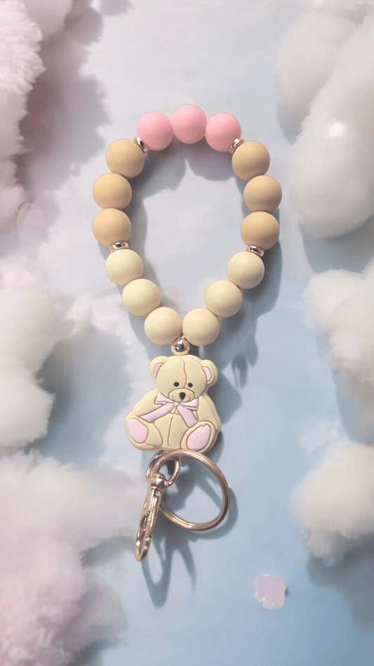 Teardrop Wristlet Keychain - Teddy Bear Cream and Pink - WaxettyTeardrop Wristlet Keychain - Teddy Bear Cream and PinkBeaded