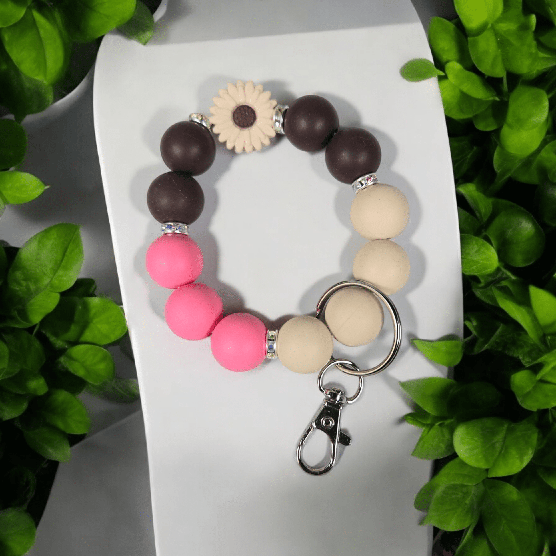 Wristlet Keychain - Brown, Pink and Cream - WaxettyWristlet Keychain - Brown, Pink and CreamBeaded