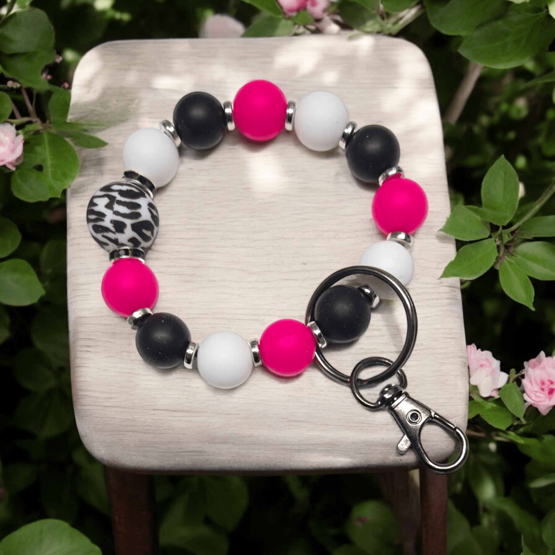 Wristlet Keychain - Pink, White and Black - WaxettyWristlet Keychain - Pink, White and BlackBeaded